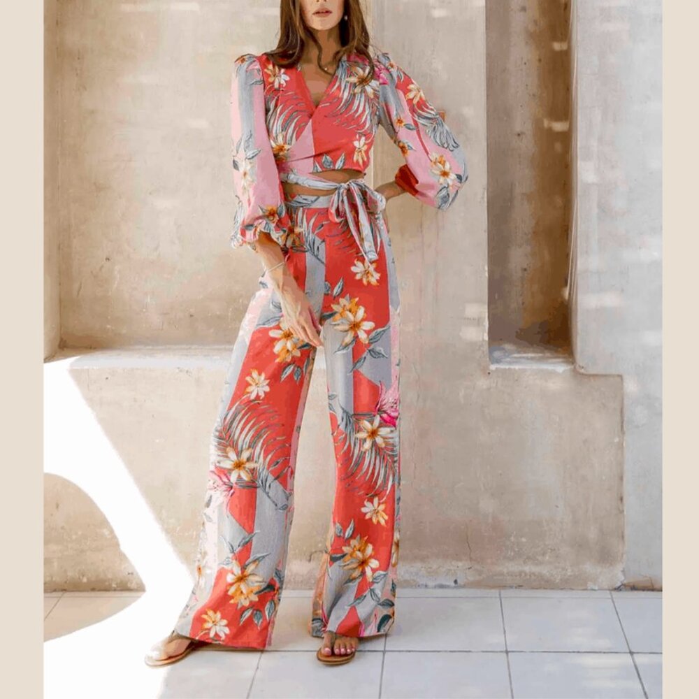 NWT Elegance’s Floral 2PC Matching Set Wrap Top Wide Leg Pants M “Patis”